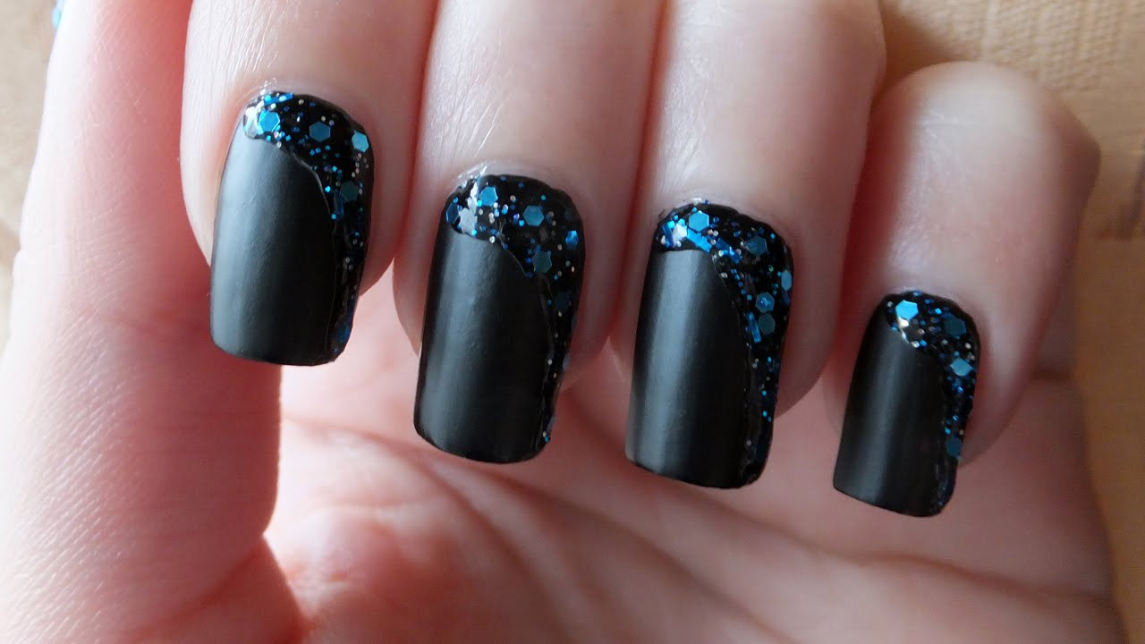 Black And Glitter Nail Designs
 Black Matte Nails With Glitter Nail Art Tutorial