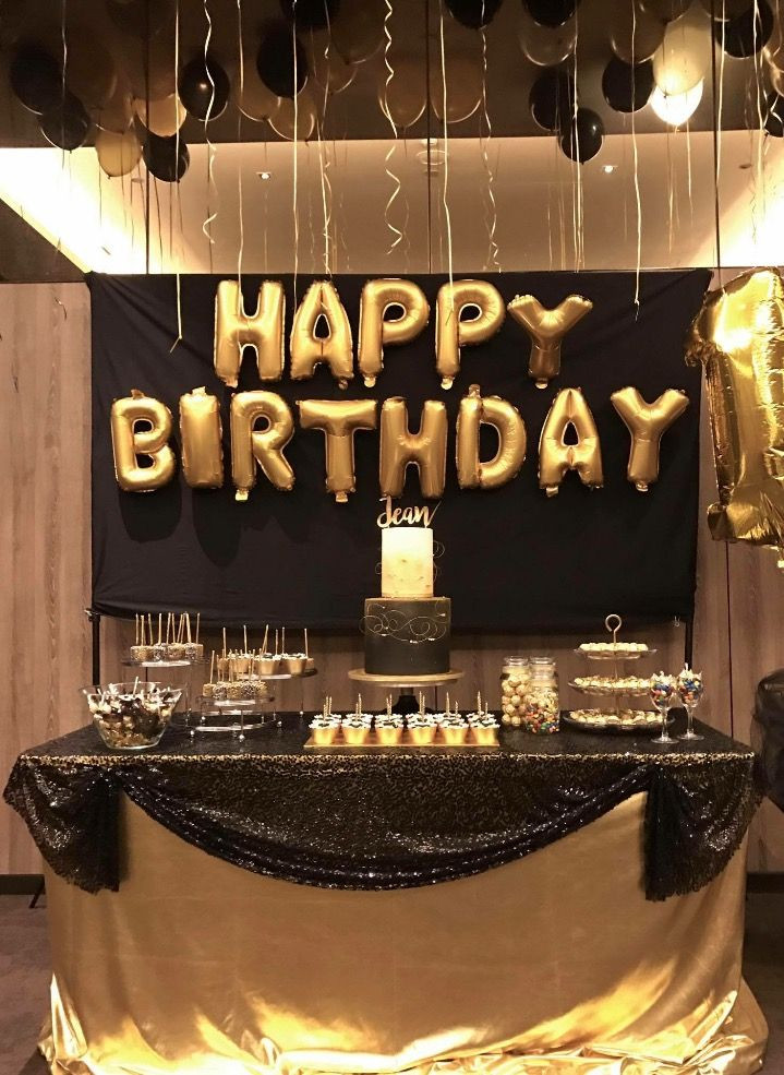 Black And Gold Birthday Decorations
 Dessert table for Black and Gold birthday party theme