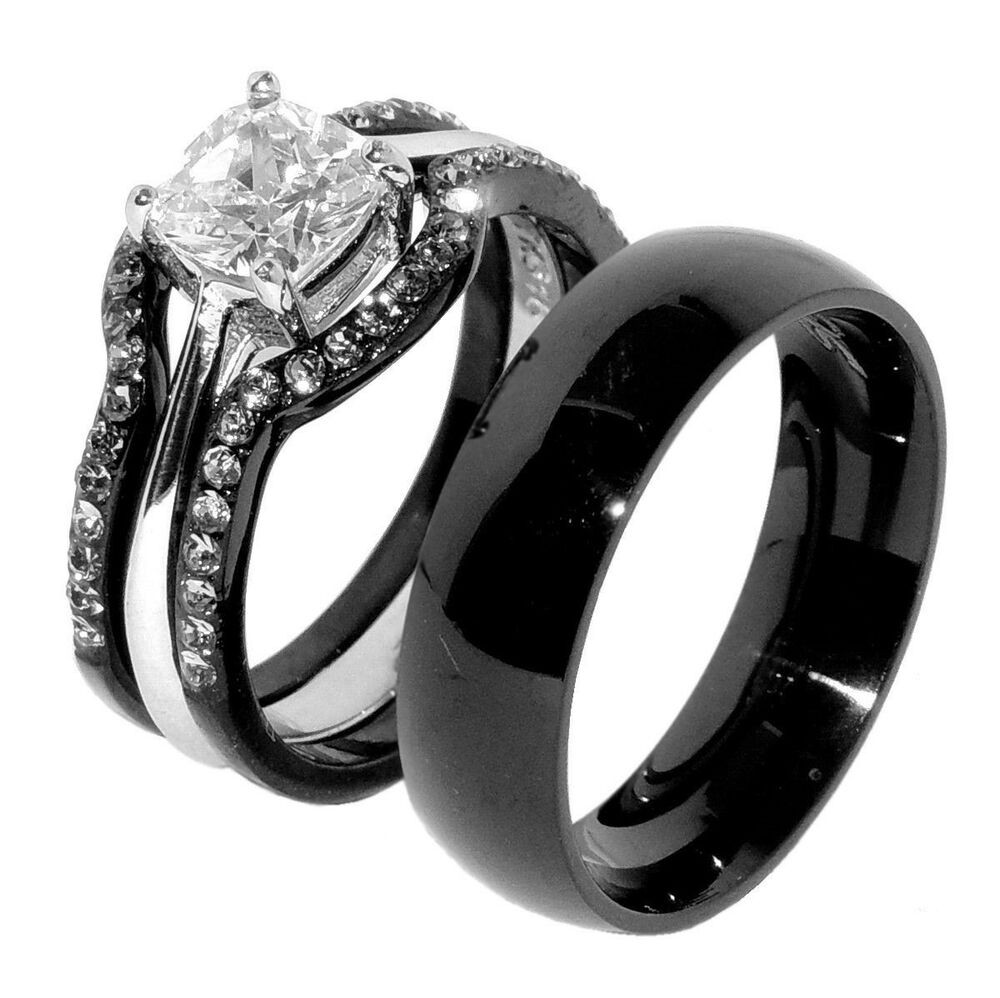 Black Mens Wedding Band
 His & Hers 4 PCS Black IP Stainless Steel Wedding Ring Set
