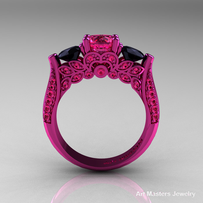 Black Wedding Rings With Pink Diamonds
 Classic 14K Pink Gold Three Stone Pink Sapphire Black
