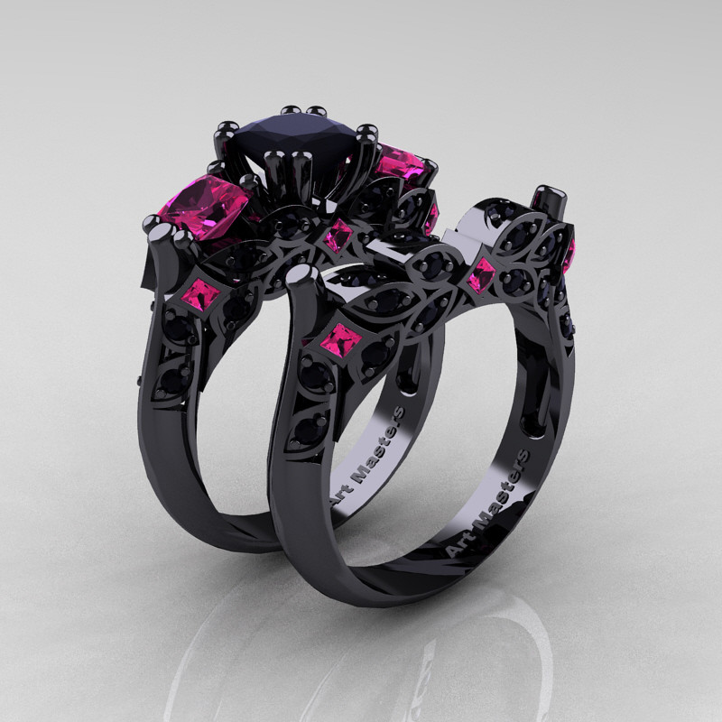 Black Wedding Rings With Pink Diamonds
 Designer Classic 14K Black Gold Three Stone Princess Black