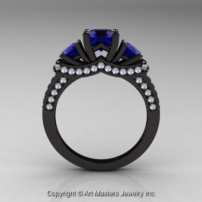 Black Wedding Rings With Pink Diamonds
 French 14K Black Gold Three Stone Blue Sapphire Diamond