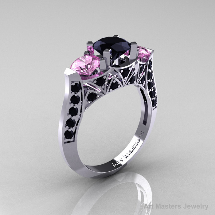 Black Wedding Rings With Pink Diamonds
 Modern 14K White Gold Three Stone Black Diamond Light Pink