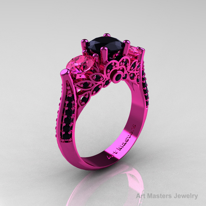 Black Wedding Rings With Pink Diamonds
 Classic 14K Pink Gold Three Stone Black Diamond Pink