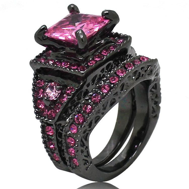 Black Wedding Rings With Pink Diamonds
 Square Pink Cubic Zirconia Black Diamond Ring For Women