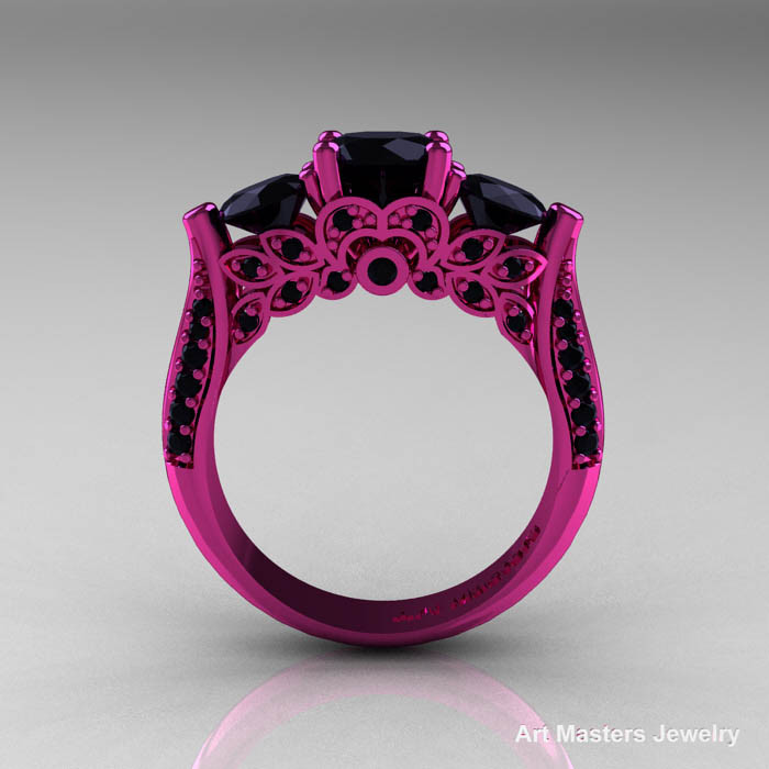 Black Wedding Rings With Pink Diamonds
 Classic 14K Pink Gold Three Stone Black Diamond Solitaire
