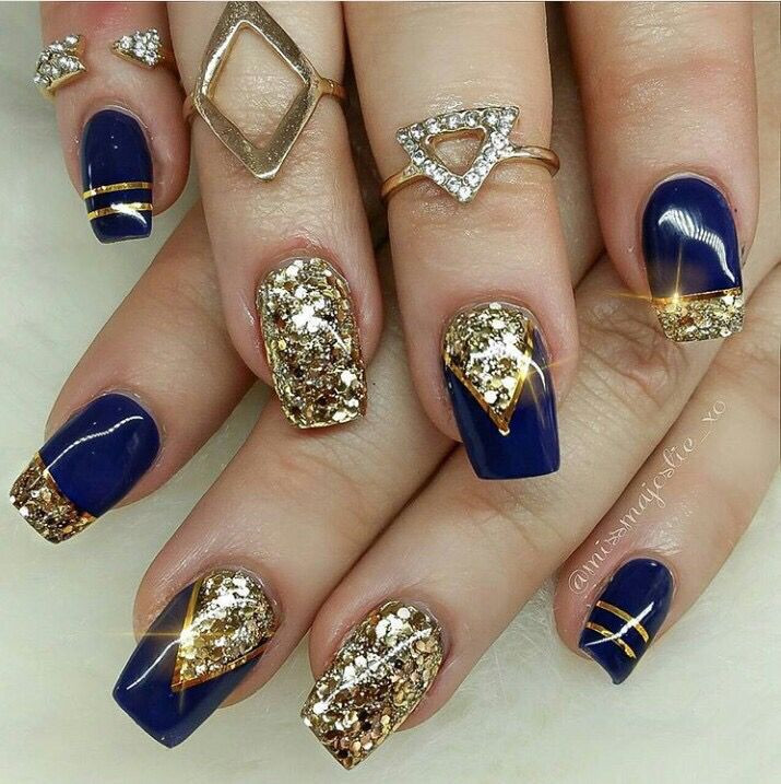 Blue And Gold Nail Designs
 Blue and gold glitter acrylic nails in 2019