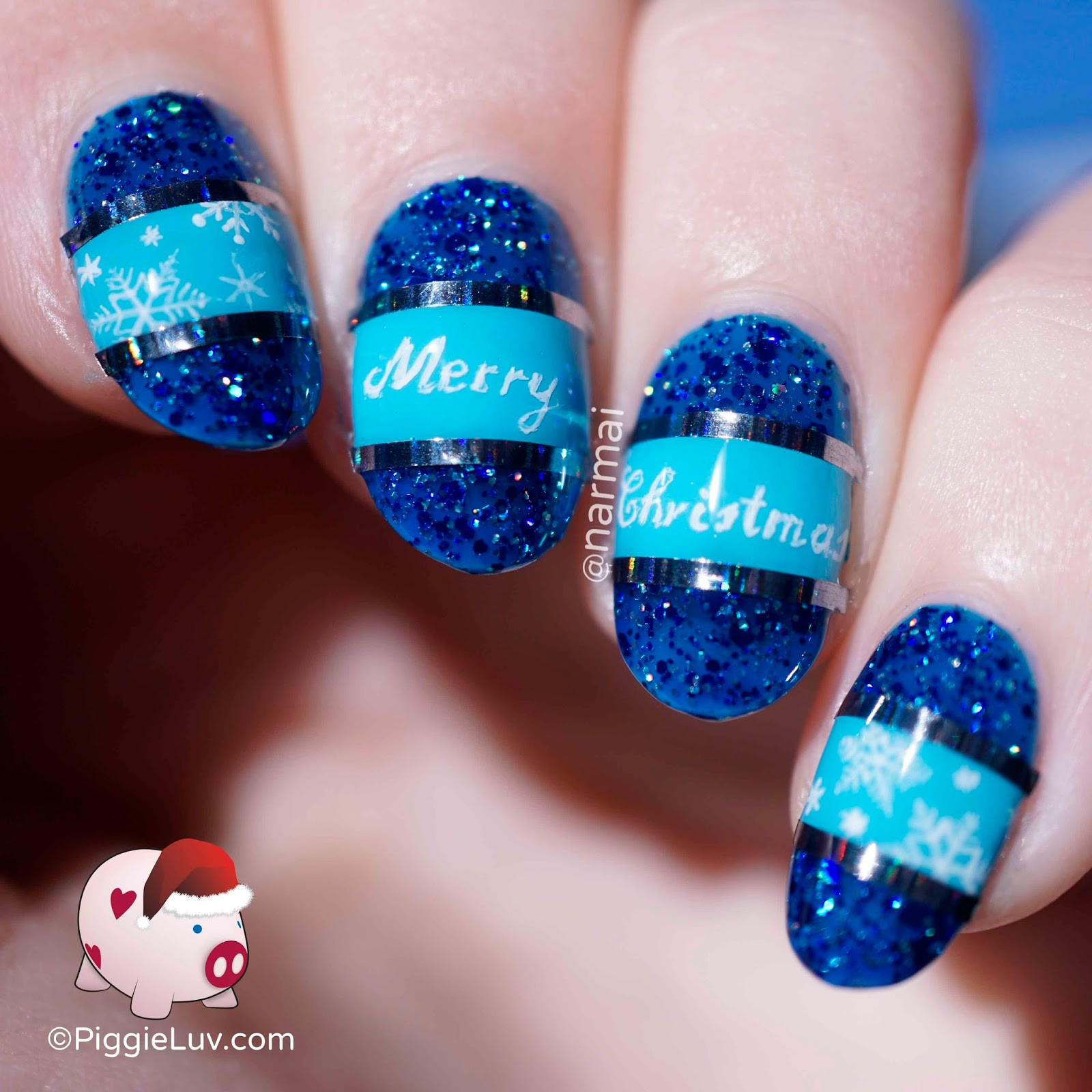 Blue Christmas Nail Designs
 PiggieLuv Freehand blue Christmas nail art