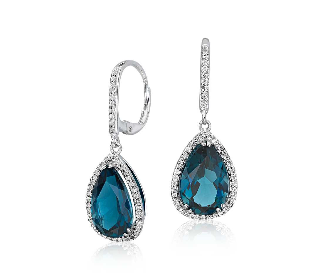 Blue Drop Earrings
 London Blue Topaz Elegant Halo Drop Earrings in Sterling