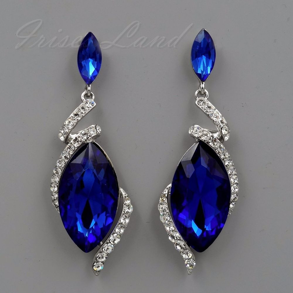 Blue Drop Earrings
 Rhodium Plate Sapphire Blue Crystal Rhinestone Drop Dangle