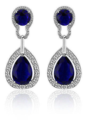 Blue Drop Earrings
 Vintage Design Long Luxury Teardrop Silver & Dark Blue
