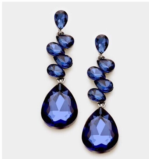 Blue Drop Earrings
 2 75" Navy Blue Long Rhinestone Crystal Pageant Dangle