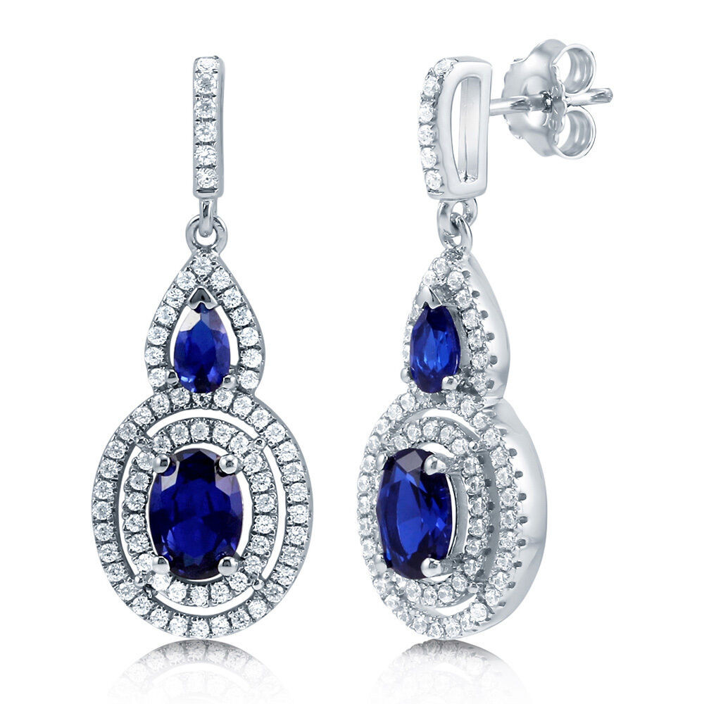 Blue Drop Earrings
 BERRICLE 925 Silver Oval Simulated Blue Sapphire CZ Halo