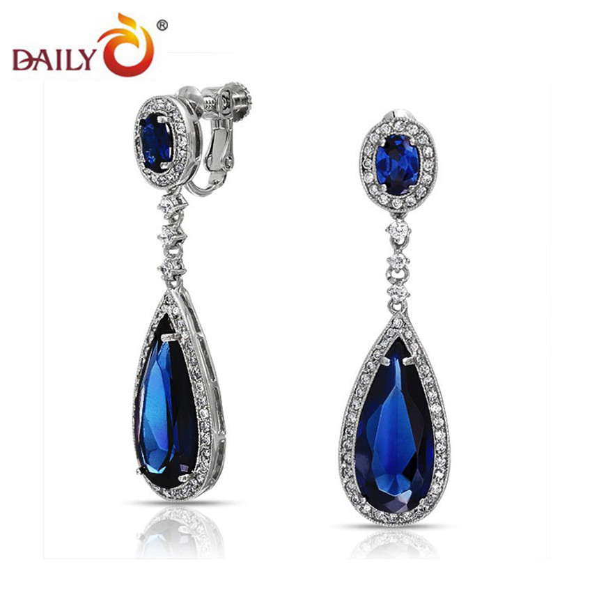 Blue Drop Earrings
 Clip Drop Earrings for Women Blue Sapphire Teardrop