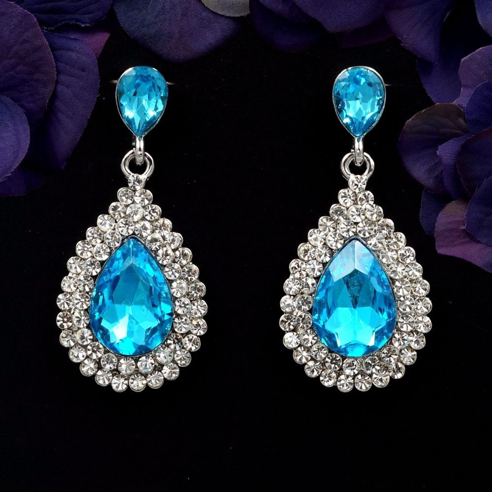 Blue Drop Earrings
 New Rhodium Plated Blue Crystal Rhinestone Chandelier Drop