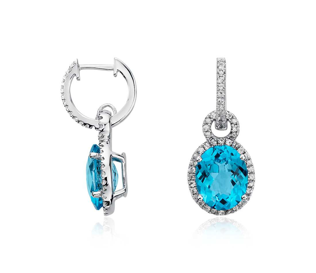 Blue Drop Earrings
 Swiss Blue Topaz and White Sapphire Halo Oval Drop