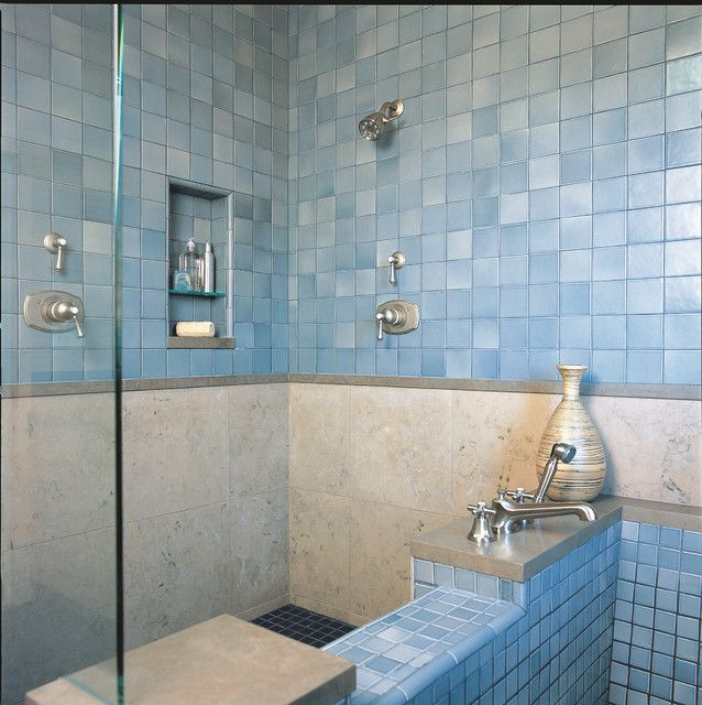 Blue Glass Tile Bathroom
 blue tiled shower in 2019