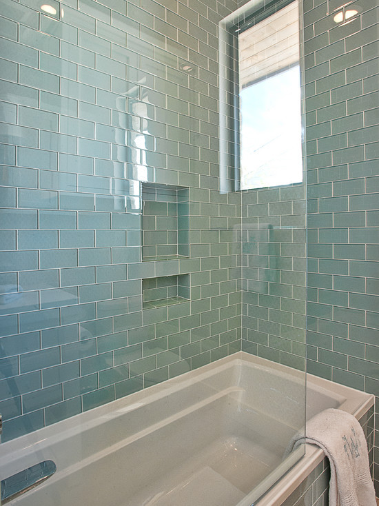 Blue Glass Tile Bathroom
 Blue Glass Subway Tiles Contemporary bathroom Glynis