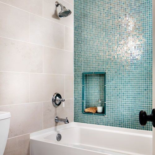 Blue Glass Tile Bathroom
 Shower with blue glass wall and 12 x 24" beige tile