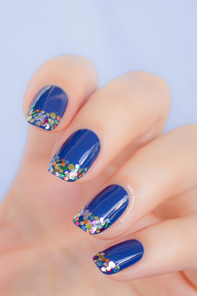 Blue Nails With Glitter
 Bloom Cosmetics nail polish Emily Green Navy & Multi Sparkle