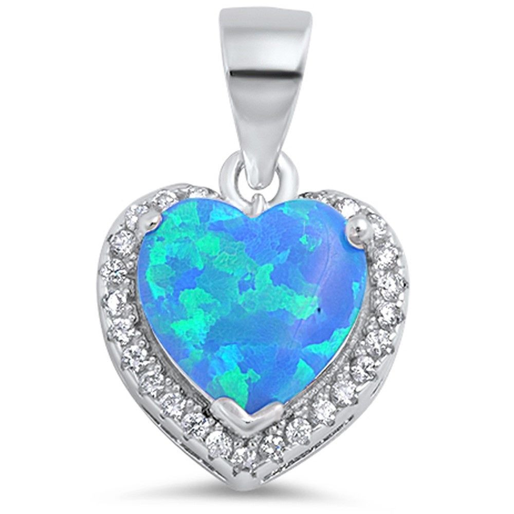 Blue Opal Necklace
 Blue Fire Opal Heart with CZ 925 Sterling Silver Pendant