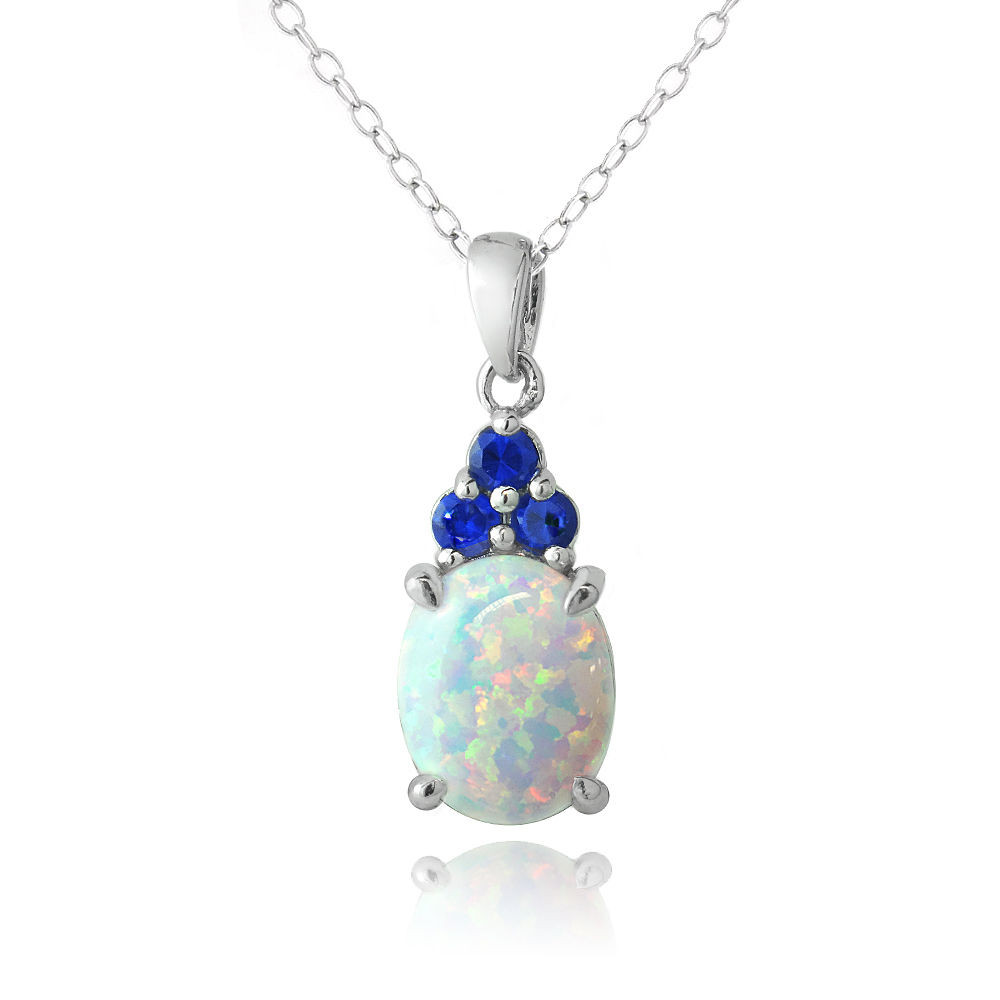 Blue Opal Necklace
 925 Silver Created White Opal & Blue Sapphire Oval