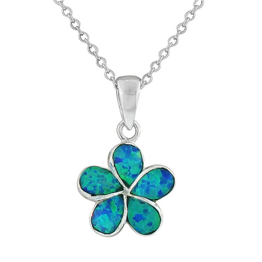 Blue Opal Necklace
 Sterling Silver Blue Fire Opal Flower Floral Womens