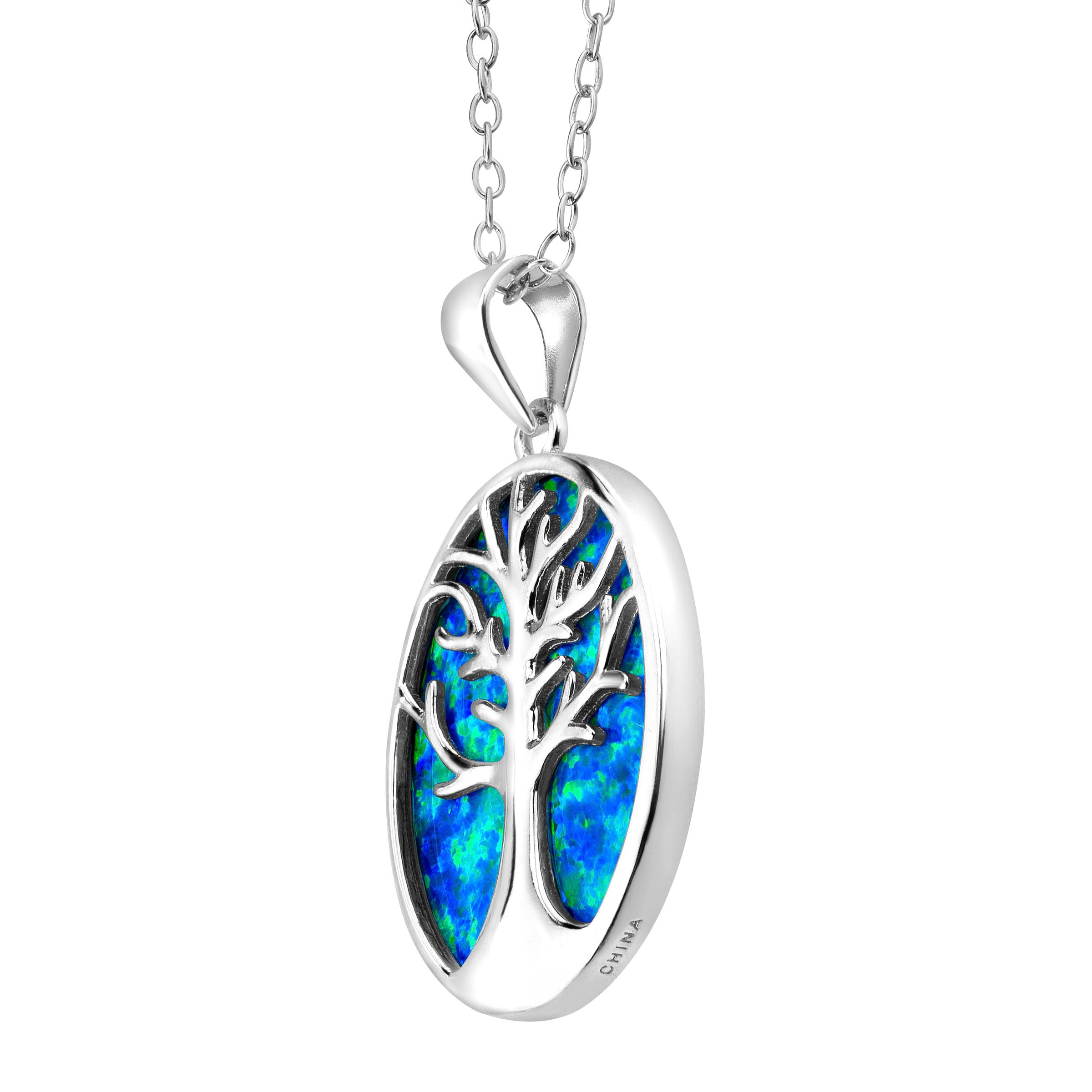 Blue Opal Necklace
 Tree of Love Created Blue Opal Cutout Pendant in Sterling