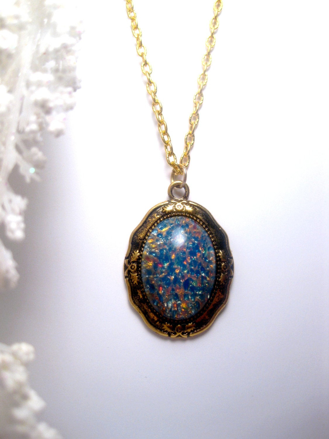 Blue Opal Necklace
 Tiki Blue Opal Necklace Fire Opal Necklace Long Set In
