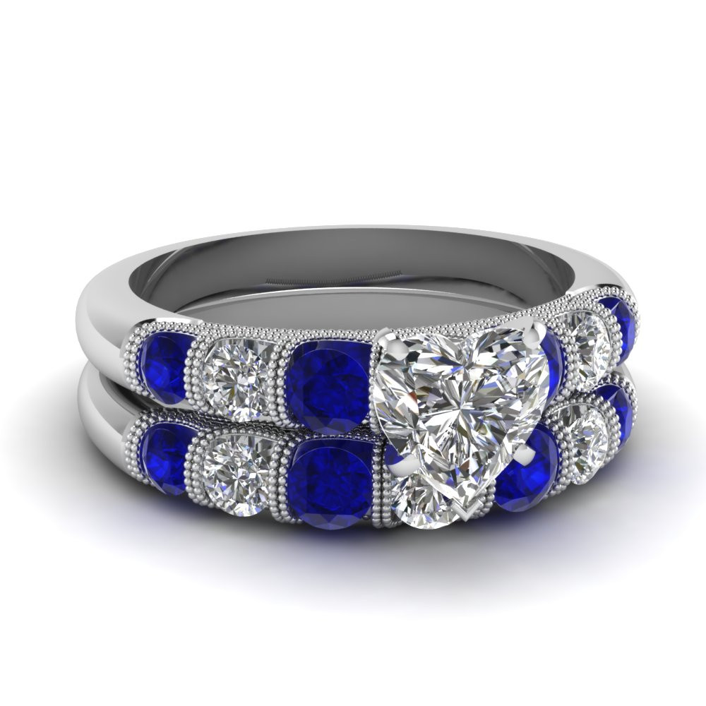 Blue Wedding Ring Set
 Blue Sapphire Accent Engagement Rings