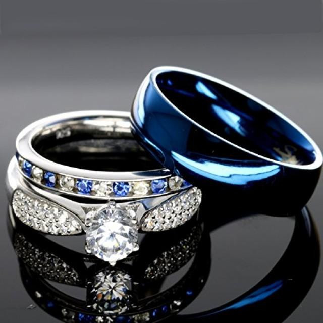 Blue Wedding Ring Set
 His And Hers 925 Sterling Silver Blue Sapphire Stainless
