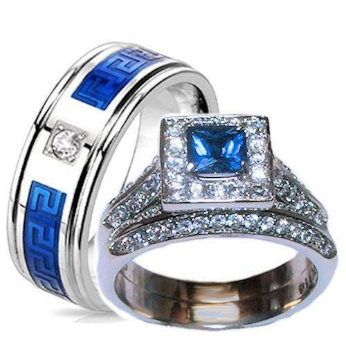 Blue Wedding Ring Set
 His and Hers Weddings Ring Halo Sapphire Blue Clear Cz