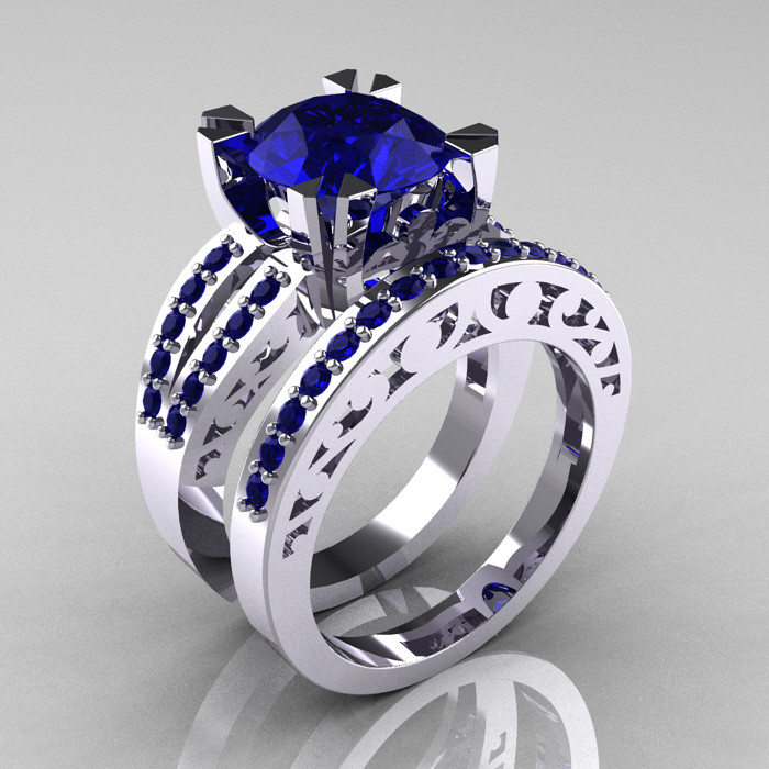Blue Wedding Ring Set
 Modern Vintage 14K White Gold 3 0 Carat Blue Sapphire