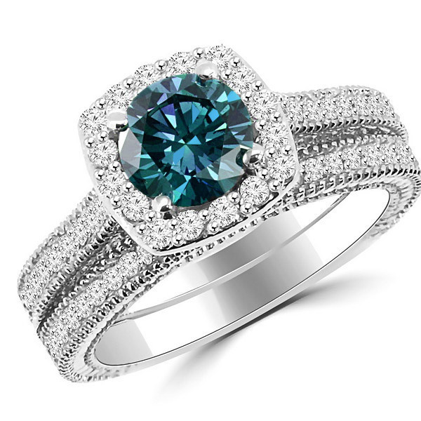 Blue Wedding Ring Set
 1 77ct Blue Diamond Halo Engagement Ring & Wedding Band Set