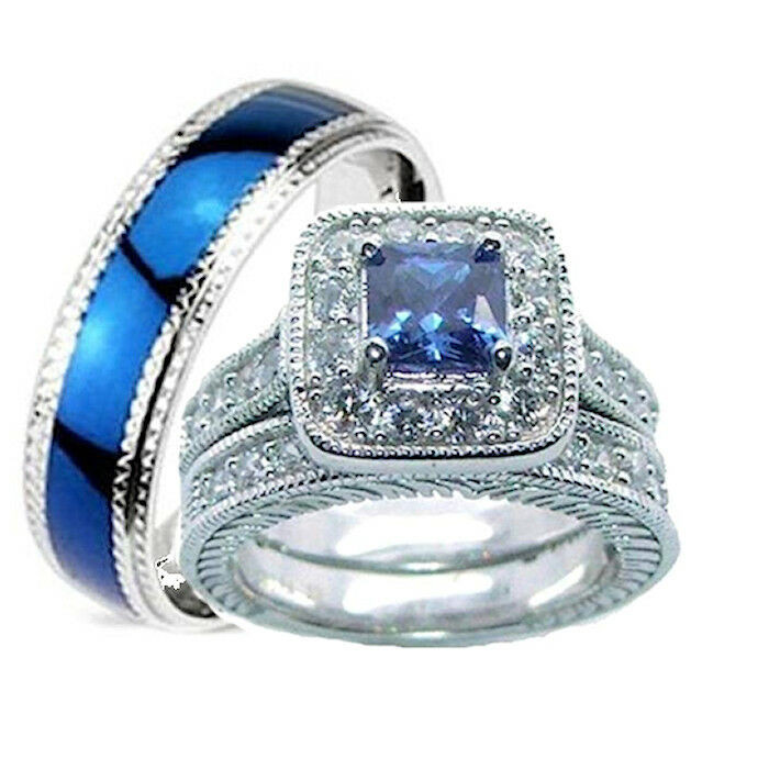 Blue Wedding Ring Set
 His and Hers Wedding Rings 3 Pc Set Sapphire Blue Cz