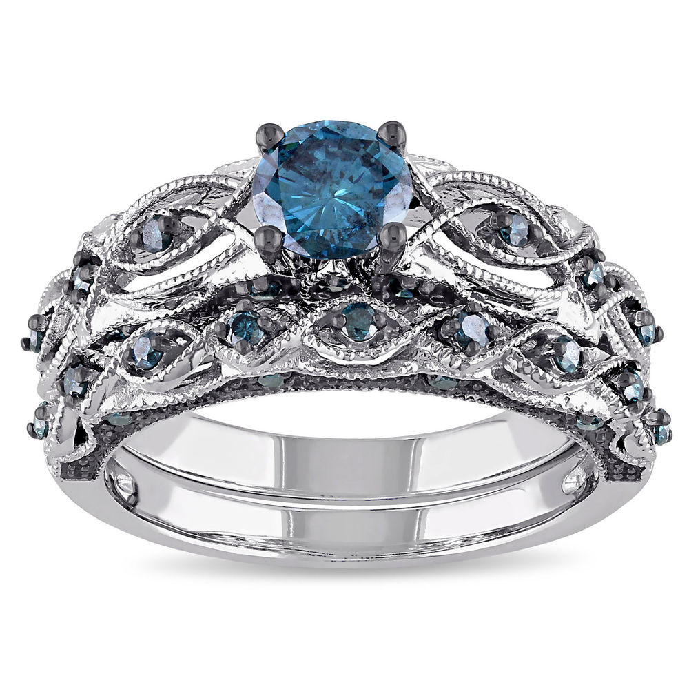 Blue Wedding Ring Set
 Miadora 10k White Gold 1ct TDW Blue Diamond Bridal Ring