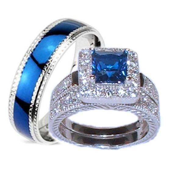 Blue Wedding Ring Set
 His Hers 3 Piece Wedding Ring Set Sapphire Blue Cz