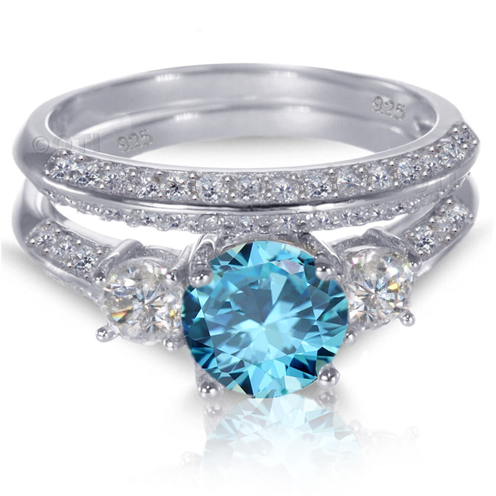 Blue Wedding Ring Set
 White Gold Sterling Silver Brilliant Blue Topaz Wedding