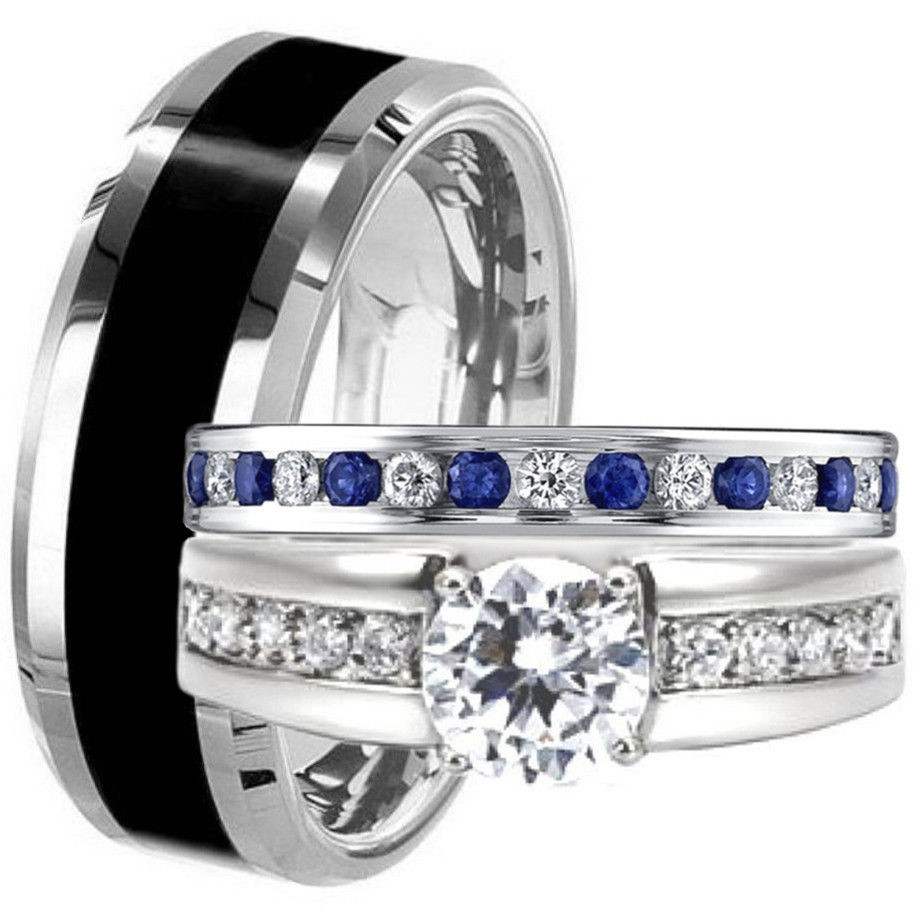 Blue Wedding Rings
 Black TUNGSTEN & STAINLESS STEEL His Hers Blue Sapphire CZ