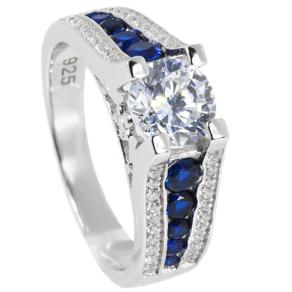 Blue Wedding Rings
 Thin Blue Line Engagement Ring 6 5mm Round AAA CZ Sterling