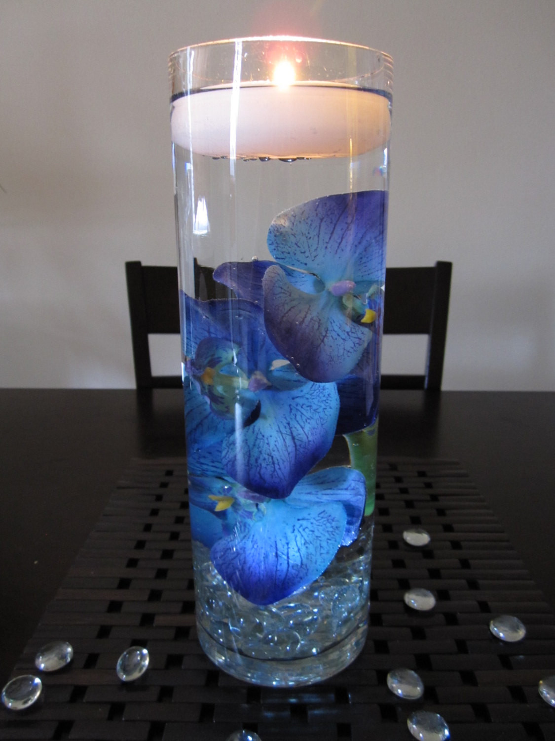 Blue Wedding Table Decorations
 Blue Purple Orchid Floating Candle Wedding Centerpiece