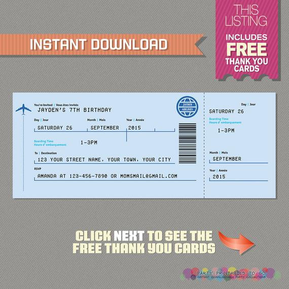 Boarding Pass Birthday Invitations
 Airplane Boarding Pass Invitation with FREE Thank You Card