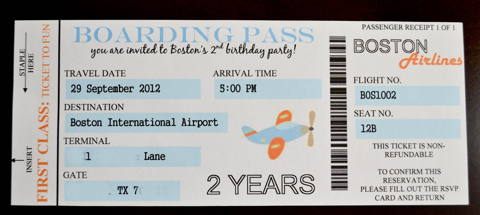 Boarding Pass Birthday Invitations
 Our Love and Our Blessing Homemade Invitations Boarding