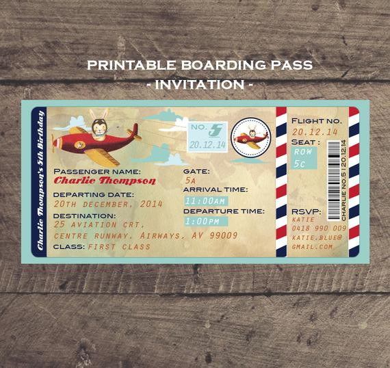 Boarding Pass Birthday Invitations
 Aeroplane Boarding Pass Printable Birthday Invitation by
