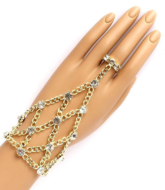 Body Jewelry Prom
 Hand Chain & Ring bo Gold Crystals Slave Bracelet Body