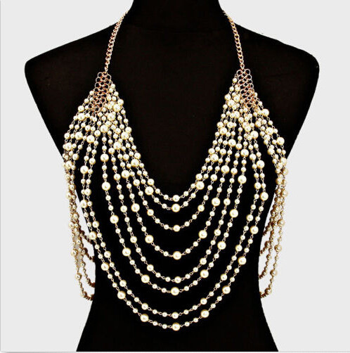 Body Necklace Jewelry
 Free shipping Long Cream Pearl Bead Draped Shoulder Bib