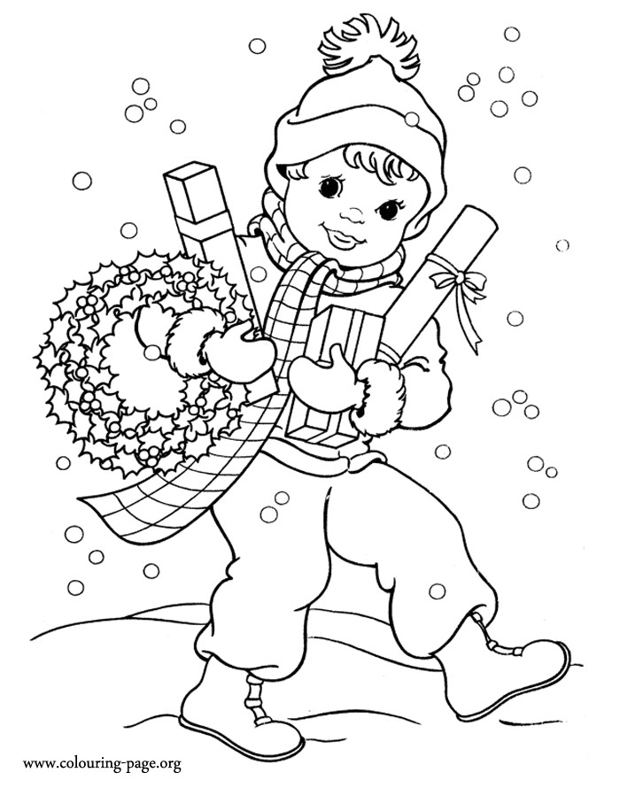 Boys Christmas Coloring Pages
 Christmas Boy with some ts and a Christmas garland