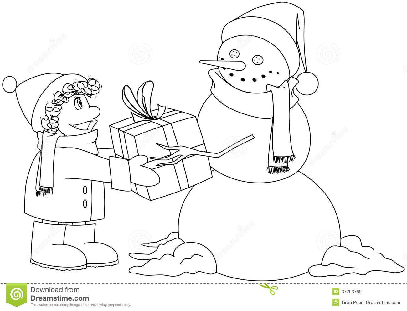 Boys Christmas Coloring Pages
 Christmas Snowman Gives Present To Boy Coloring Pa Stock