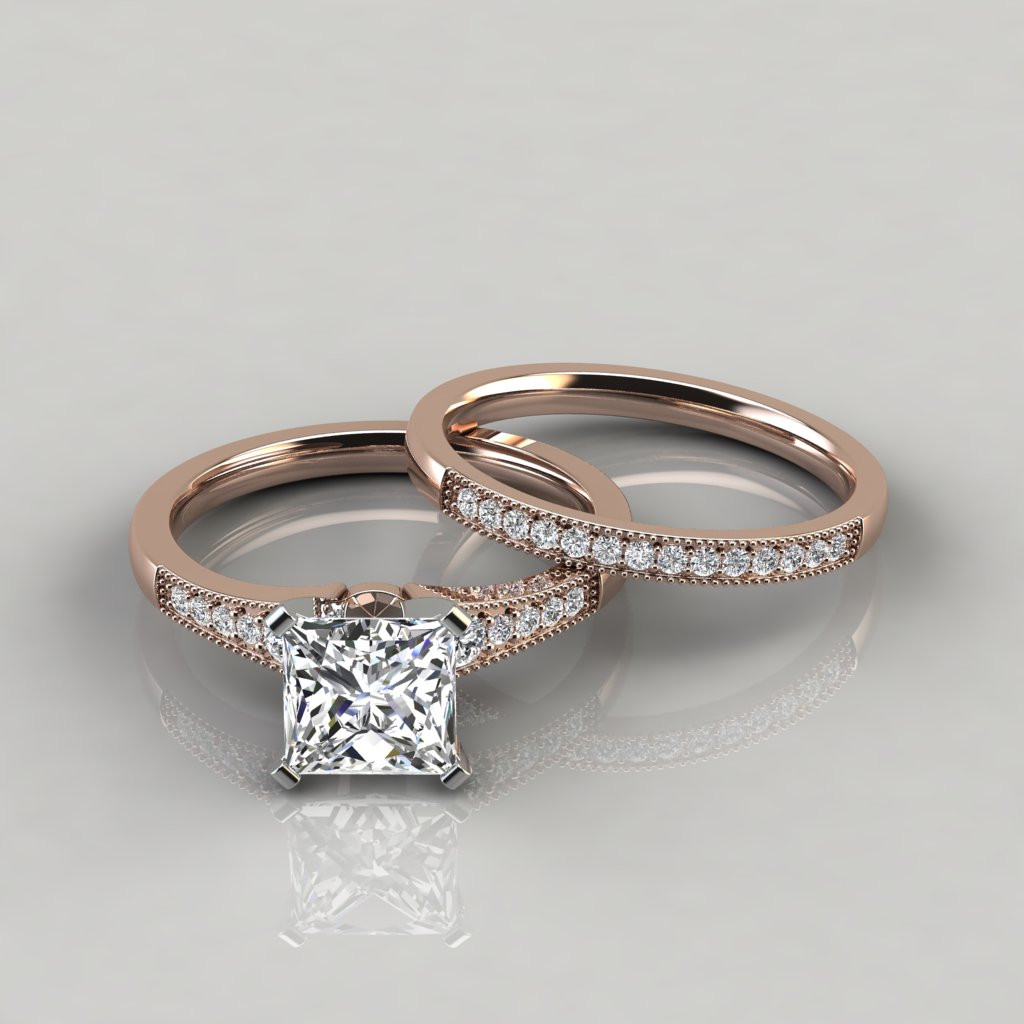 Bridal Sets Princess Cut
 Lab Diamonds Princess Cut Graduated Milgrain Bridal Sets Rings