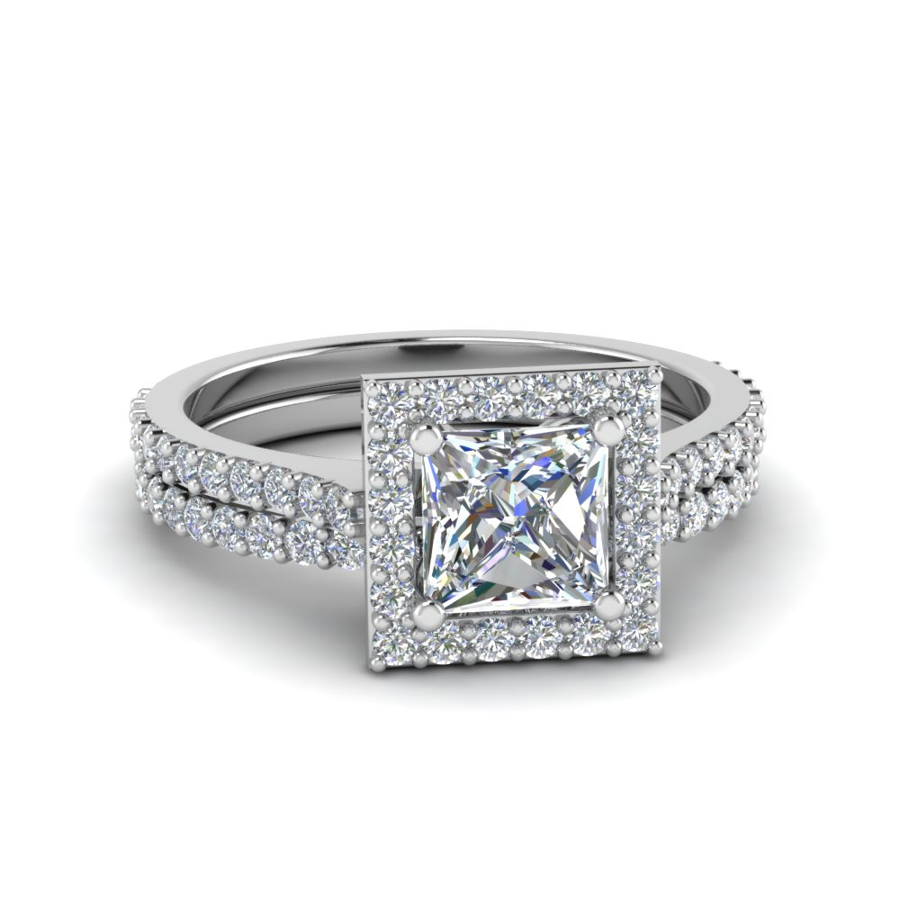 Bridal Sets Princess Cut
 Delicate Princess Cut Halo Diamond Bridal Set In 14K White